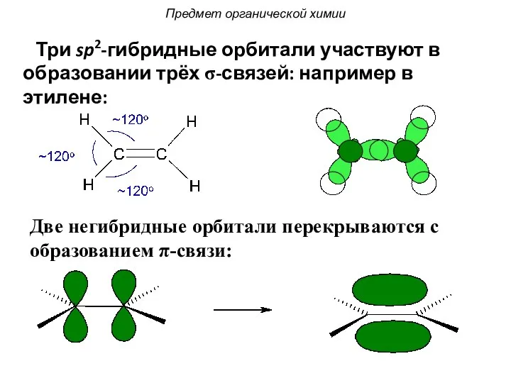 Три sp2-гибридные орбитали участвуют в образовании трёх σ-связей: например в этилене: