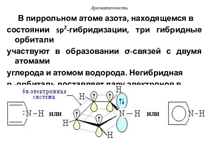 В пиррольном атоме азота, находящемся в состоянии sp2-гибридизации, три гибридные орбитали