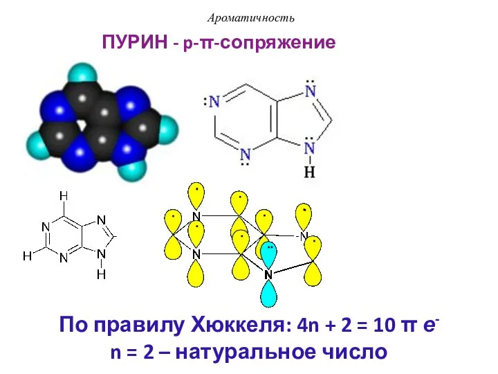 ПУРИН - p-π-сопряжение Ароматичность По правилу Хюккеля: 4n + 2 =