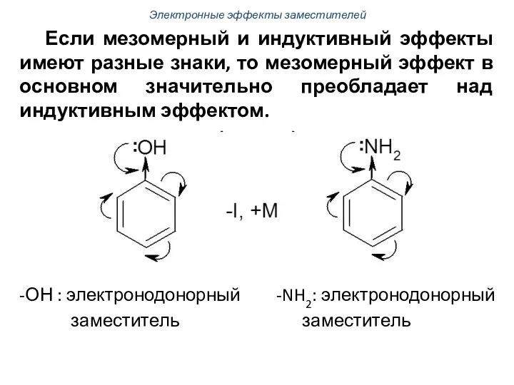 Если мезомерный и индуктивный эффекты имеют разные знаки, то мезомерный эффект