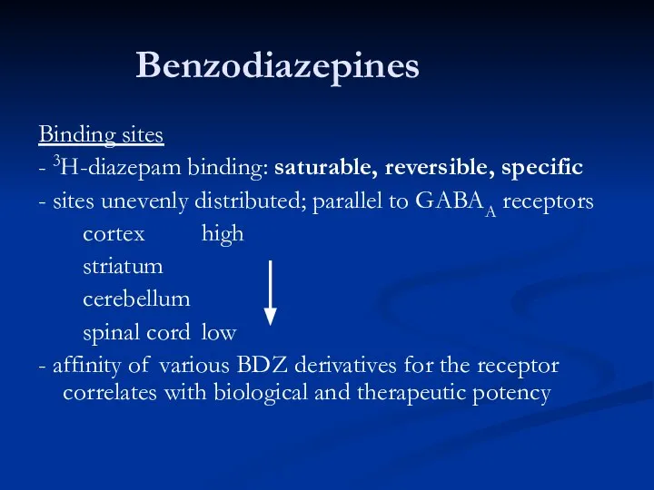 Benzodiazepines Binding sites - 3H-diazepam binding: saturable, reversible, specific - sites