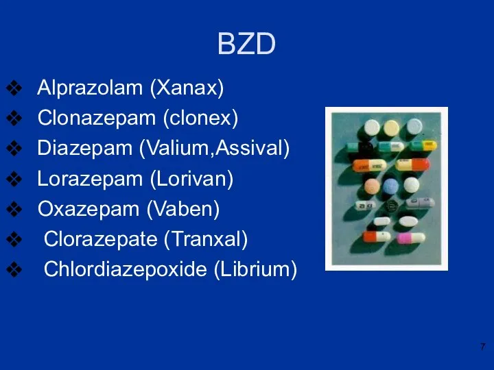 BZD Alprazolam (Xanax) Clonazepam (clonex) Diazepam (Valium,Assival) Lorazepam (Lorivan) Oxazepam (Vaben) Clorazepate (Tranxal) Chlordiazepoxide (Librium)