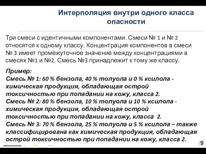 Интерполяция внутри одного класса опасности Три смеси с идентичными компонентами. Смеси