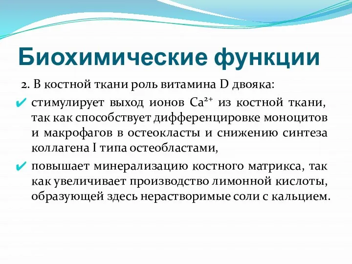 Биохимические функции 2. В костной ткани роль витамина D двояка: стимулирует