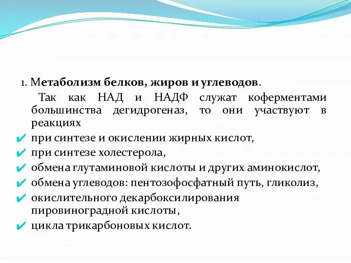 1. Метаболизм белков, жиров и углеводов. Так как НАД и НАДФ