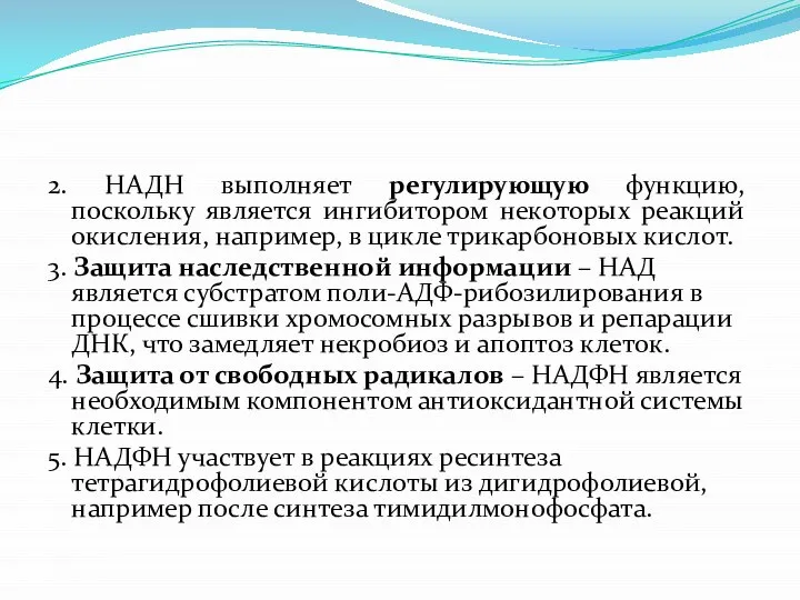 2. НАДН выполняет регулирующую функцию, поскольку является ингибитором некоторых реакций окисления,