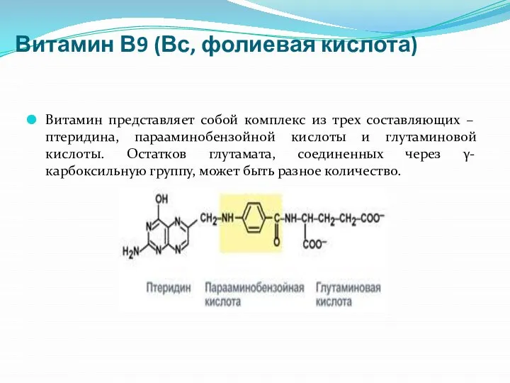 Витамин В9 (Вс, фолиевая кислота) Витамин представляет собой комплекс из трех