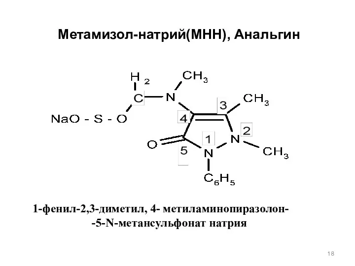 Метамизол-натрий(МНН), Анальгин 1-фенил-2,3-диметил, 4- метиламинопиразолон- -5-N-метансульфонат натрия