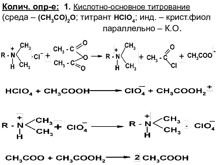 Колич. опр-е: 1. Кислотно-основное титрование (среда – (CH3CO)2О; титрант HСlO4; инд. – крист.фиол параллельно – К.О.