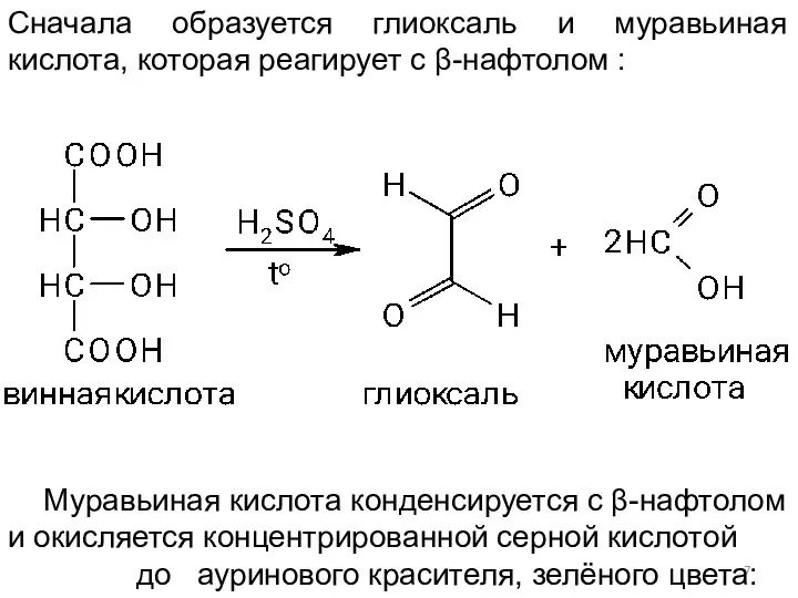 Сначала образуется глиоксаль и муравьиная кислота, которая реагирует с β-нафтолом :