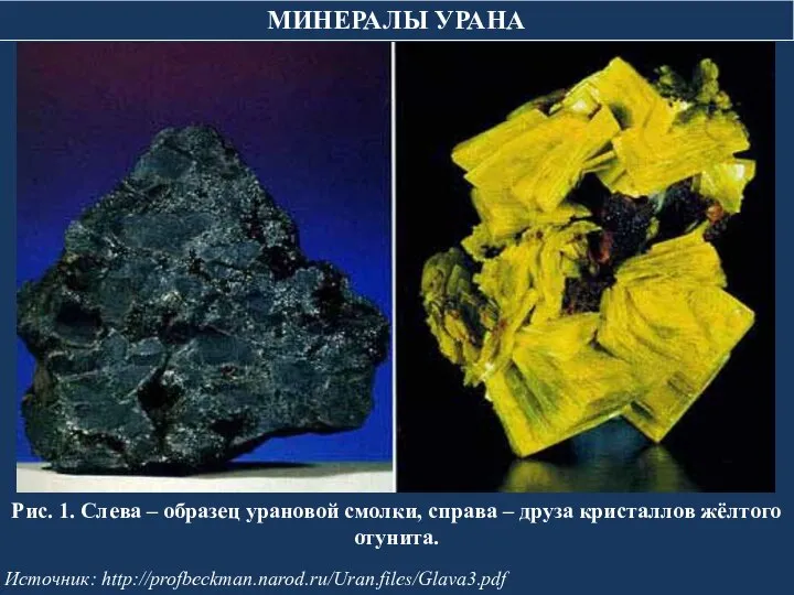 МИНЕРАЛЫ УРАНА Рис. 1. Слева – образец урановой смолки, справа –