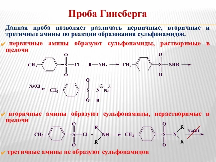 Данная проба позволяет различать первичные, вторичные и третичные амины по реакции