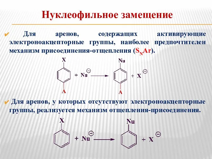 Нуклеофильное замещение Для аренов, содержащих активирующие электроноакцепторные группы, наиболее предпочтителен механизм