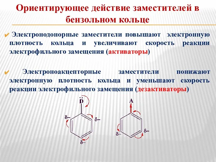 Ориентирующее действие заместителей в бензольном кольце Электронодонорные заместители повышают электронную плотность