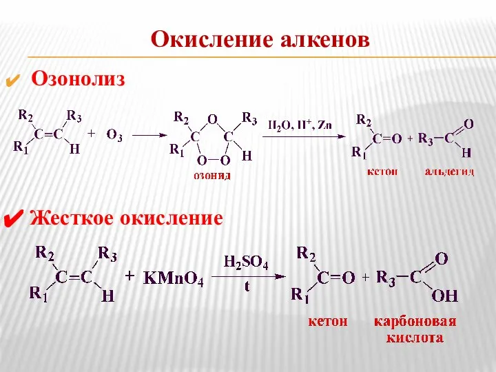 Окисление алкенов Озонолиз Жесткое окисление