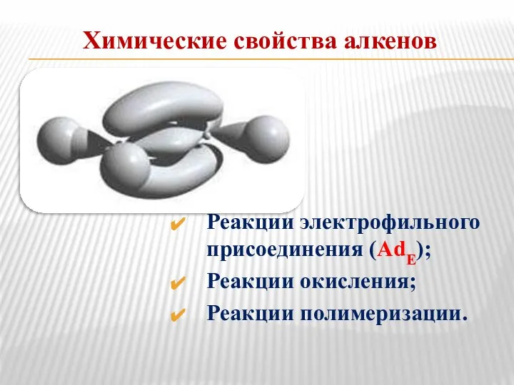 Химические свойства алкенов Реакции электрофильного присоединения (AdE); Реакции окисления; Реакции полимеризации.