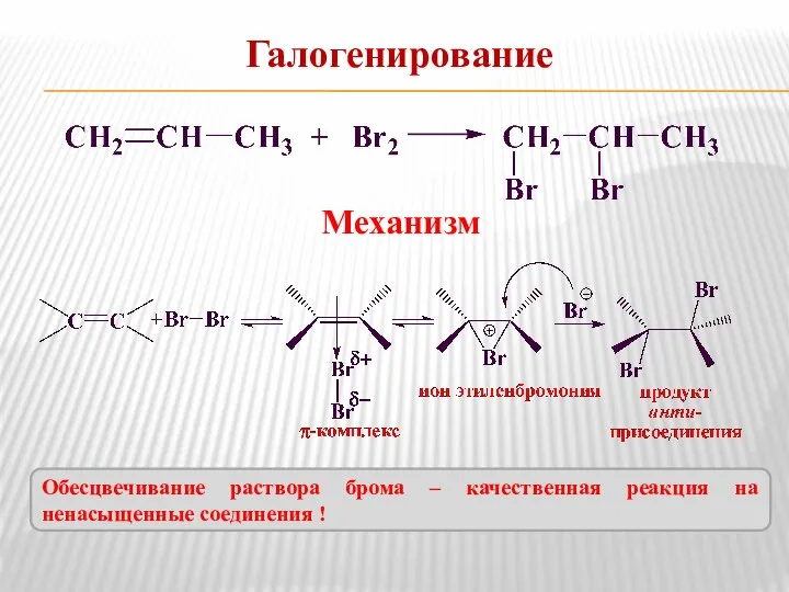 Галогенирование Механизм Обесцвечивание раствора брома – качественная реакция на ненасыщенные соединения !