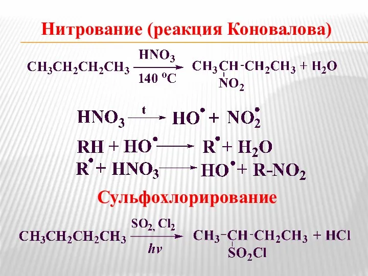 Нитрование (реакция Коновалова) Сульфохлорирование