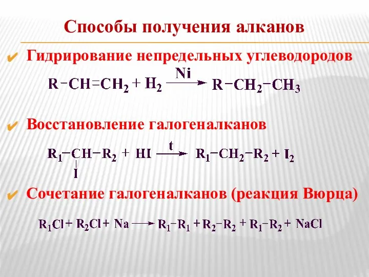 Способы получения алканов Гидрирование непредельных углеводородов Восстановление галогеналканов Сочетание галогеналканов (реакция Вюрца)