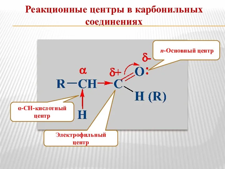 Реакционные центры в карбонильных соединениях Электрофильный центр α-СН-кислотный центр n-Основный центр