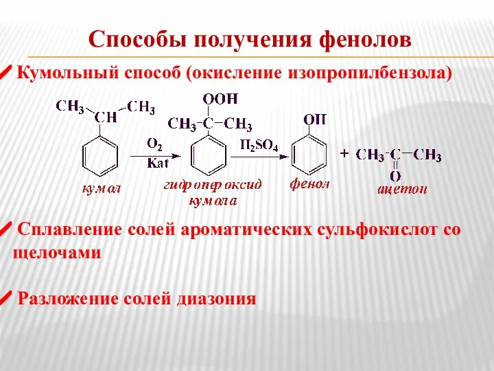 Способы получения фенолов Кумольный способ (окисление изопропилбензола) Сплавление солей ароматических сульфокислот со щелочами Разложение солей диазония
