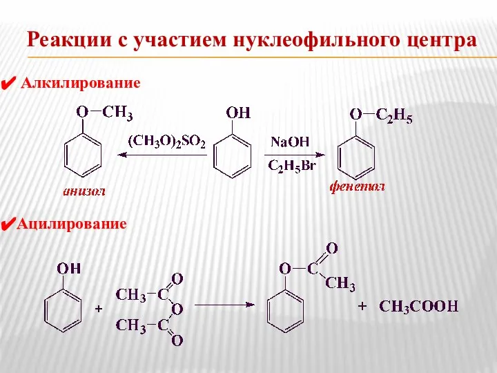 Реакции с участием нуклеофильного центра Алкилирование Ацилирование