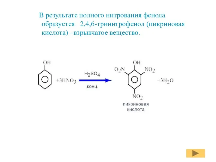 В результате полного нитрования фенола образуется 2,4,6-тринитрофенол (пикриновая кислота) –взрывчатое вещество.