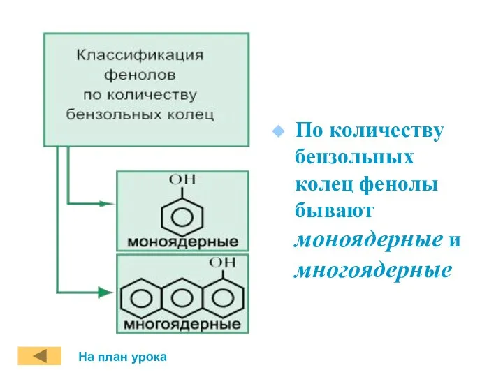 По количеству бензольных колец фенолы бывают моноядерные и многоядерные На план урока