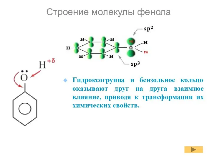 Строение молекулы фенола Гидроксогруппа и бензольное кольцо оказывают друг на друга