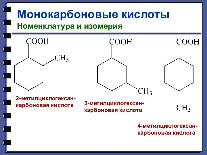 Монокарбоновые кислоты Номенклатура и изомерия 2-метилциклогексан- карбоновая кислота 3-метилциклогексан- карбоновая кислота 4-метилциклогексан- карбоновая кислота