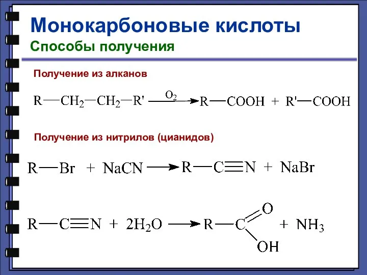 Монокарбоновые кислоты Способы получения Получение из алканов Получение из нитрилов (цианидов)