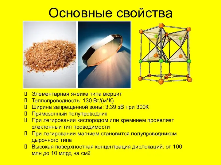 Основные свойства Элементарная ячейка типа вюрцит Теплопроводность: 130 Вт/(м*К) Ширина запрещенной