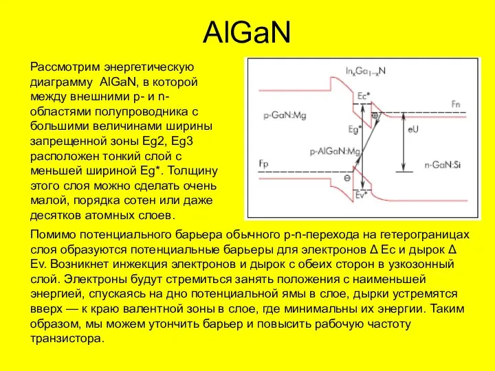 AlGaN Рассмотрим энергетическую диаграмму AlGaN, в которой между внешними р- и