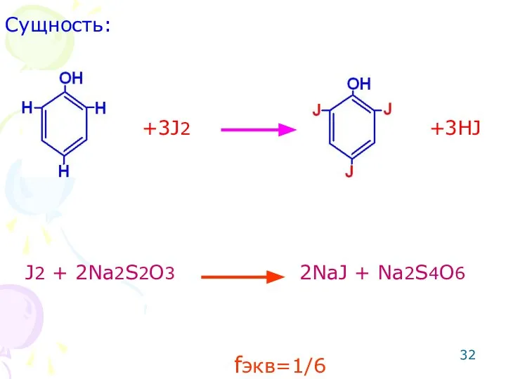 Сущность: J2 + 2Na2S2O3 2NaJ + Na2S4O6 +3J2 +3HJ fэкв=1/6