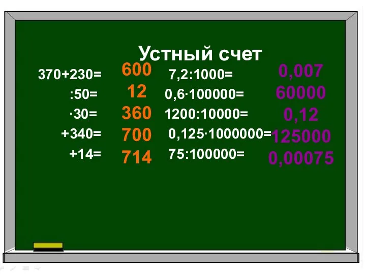 Устный счет 370+230= 7,2:1000= :50= 0,6∙100000= ∙30= 1200:10000= +340= 0,125∙1000000= +14=