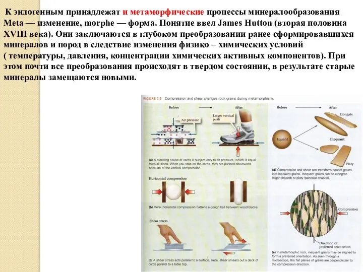 К эндогенным принадлежат и метаморфические процессы минералообразования Meta — изменение, morphe