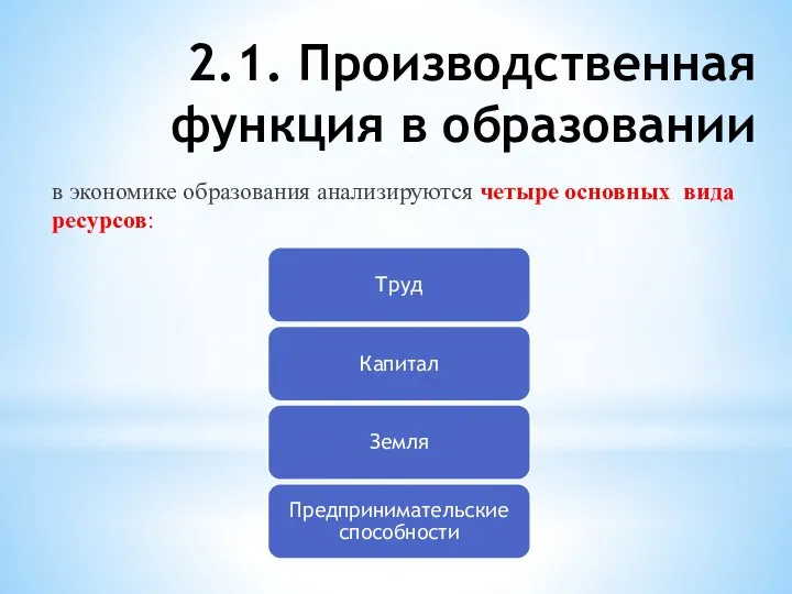 2.1. Производственная функция в образовании в экономике образования анализируются четыре основных вида ресурсов: