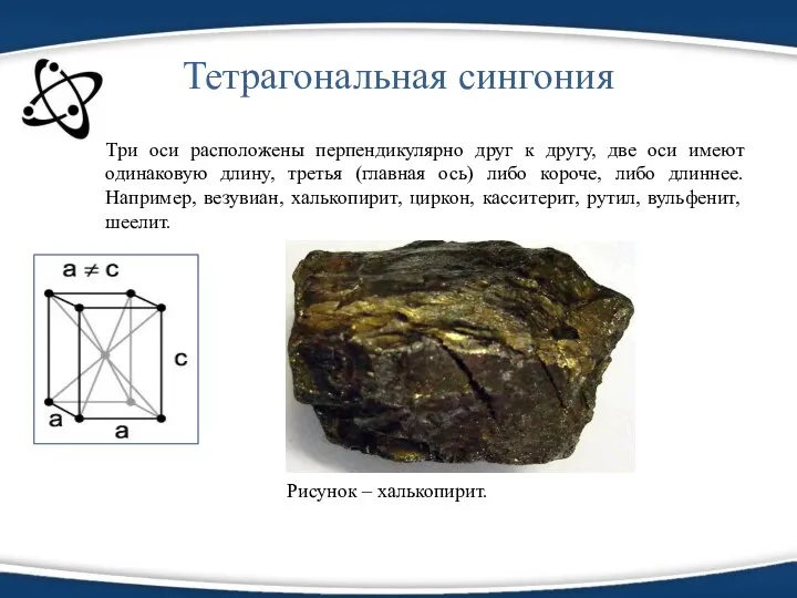 Тетрагональная сингония Три оси расположены перпендикулярно друг к другу, две оси