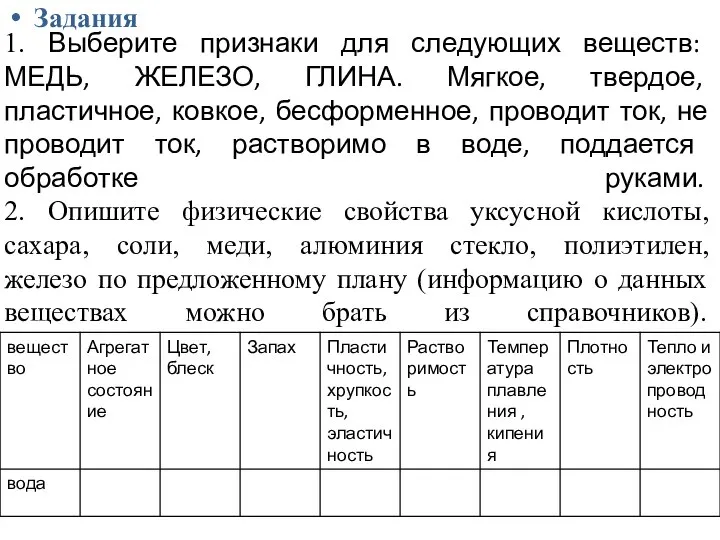 1. Выберите признаки для следующих веществ: МЕДЬ, ЖЕЛЕЗО, ГЛИНА. Мягкое, твердое,