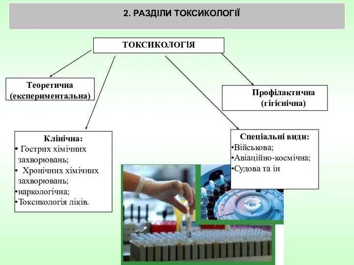 2. РАЗДІЛИ ТОКСИКОЛОГІЇ ТОКСИКОЛОГІЯ Теоретична (експериментальна) Профілактична (гігієнічна) Клінічна: Гострих хімічних