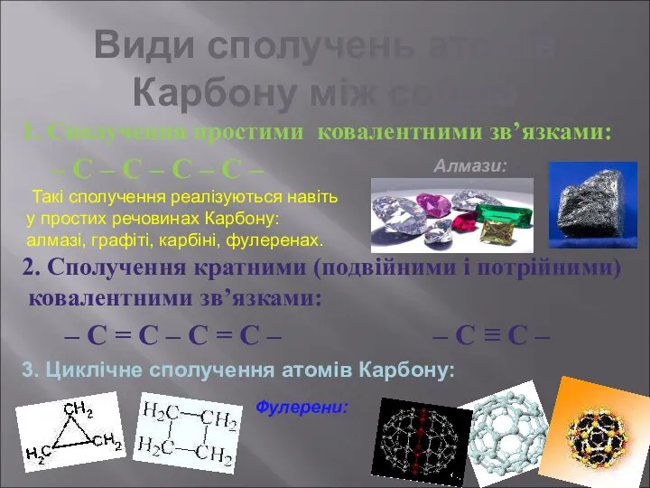 Види сполучень атомів Карбону між собою 1. Сполучення простими ковалентними зв’язками: