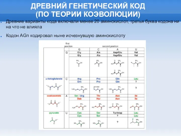 ДРЕВНИЙ ГЕНЕТИЧЕСКИЙ КОД (ПО ТЕОРИИ КОЭВОЛЮЦИИ) Древние варианты кода включали менее