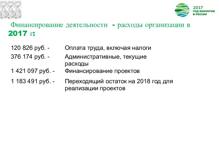 Финансирование деятельности - расходы организации в 2017 г: