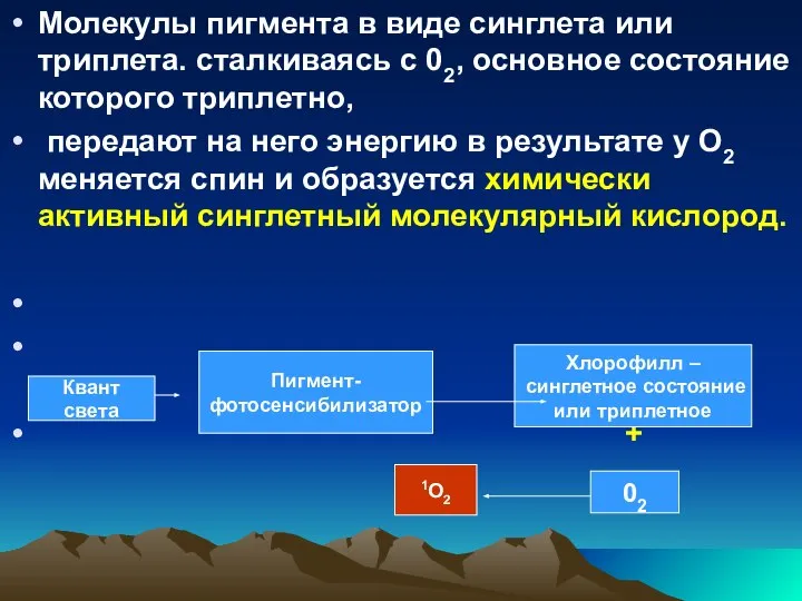 Молекулы пигмента в виде синглета или триплета. сталкиваясь с 02, основное