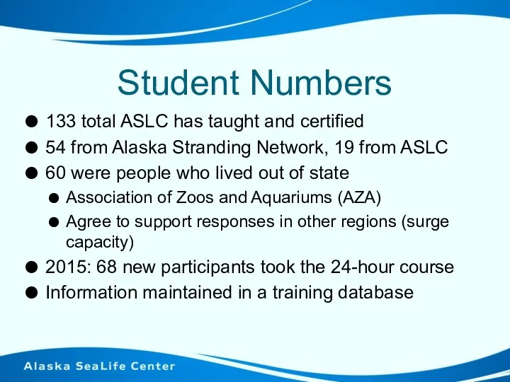 Student Numbers 133 total ASLC has taught and certified 54 from