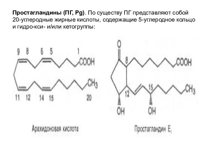 Простагландины (ПГ, Pg). По существу ПГ представляют собой 20-углеродные жирные кислоты,