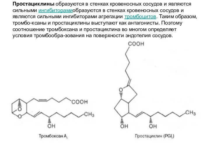 Простациклины образуются в стенках кровеносных сосудов и являются сильными ингибиторамиобразуются в