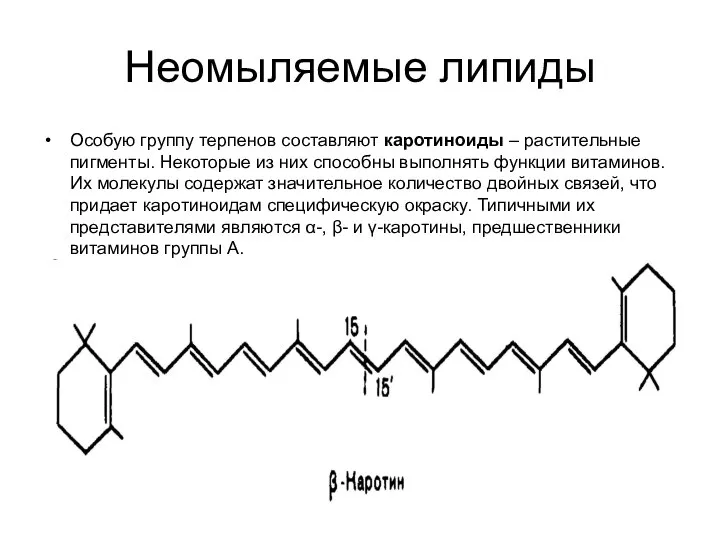 Неомыляемые липиды Особую группу терпенов составляют каротиноиды – растительные пигменты. Некоторые