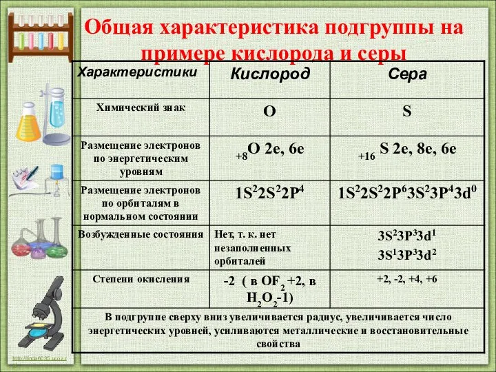 Общая характеристика подгруппы на примере кислорода и серы