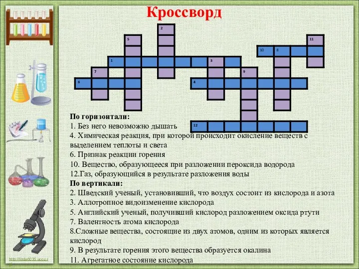 По горизонтали: 1. Без него невозможно дышать 4. Химическая реакция, при